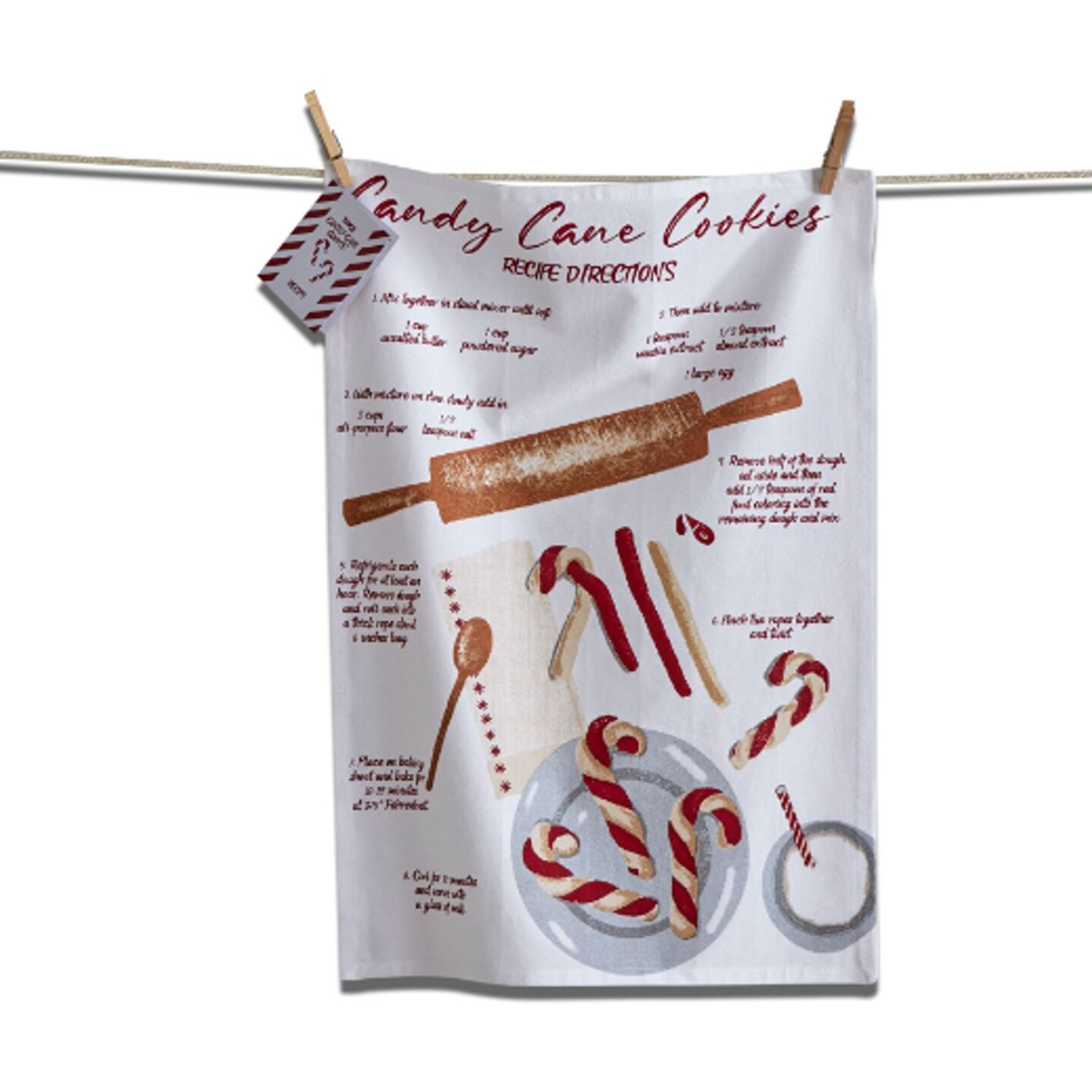 TAG Holiday Recipe Kitchen Towel, 100% Cotton 26 x 18 inch, Candy Cane Cookies