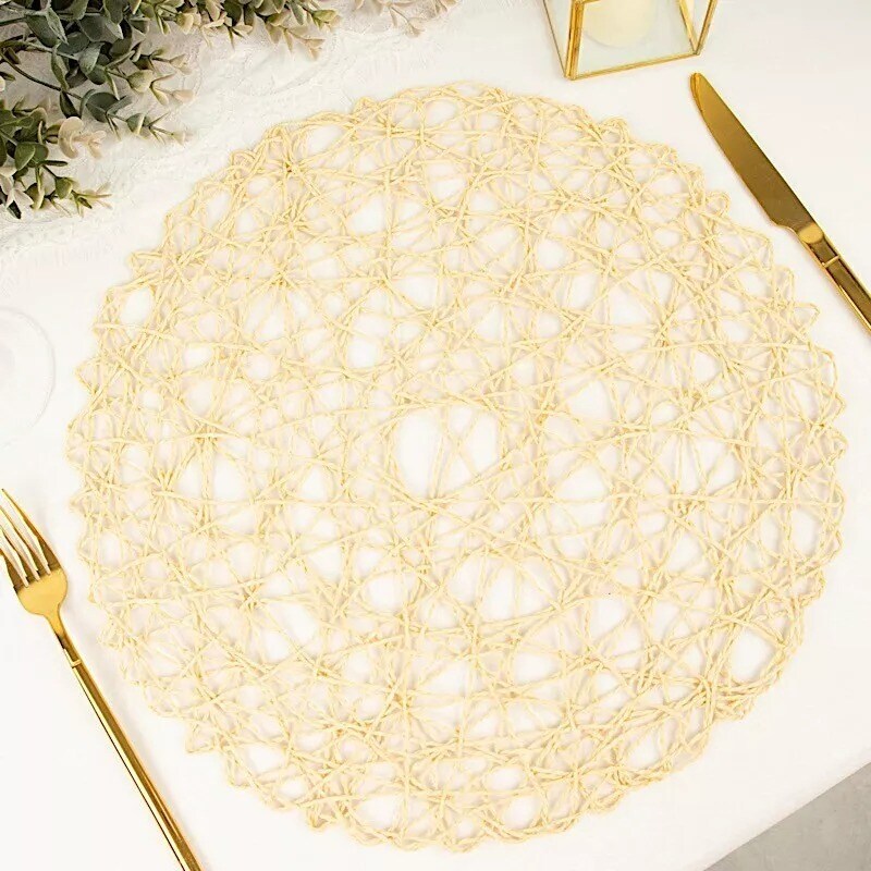 6 Beige 15&#x22; wide Round Metallic String Placemats
