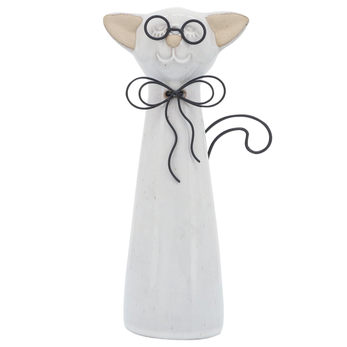 Kingston Living Cat with Glasses Tabletop Figurine - 8" - White and Beige