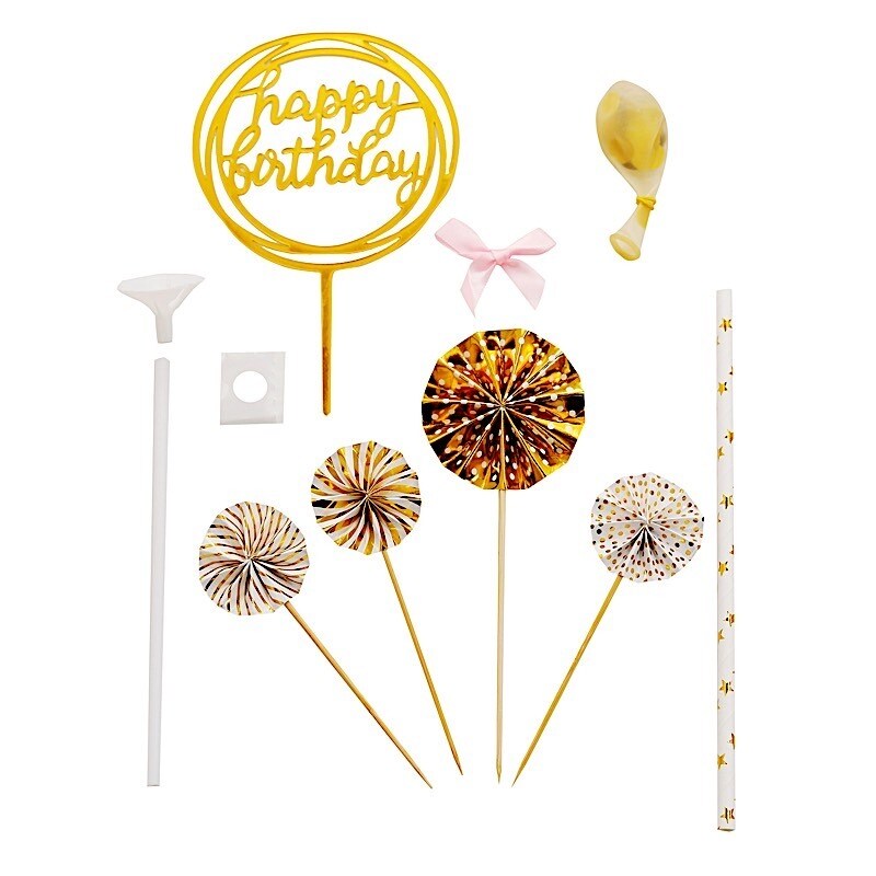 Happy Birthday Cake Topper Set with Paper Fans and Confetti Balloon Decorations