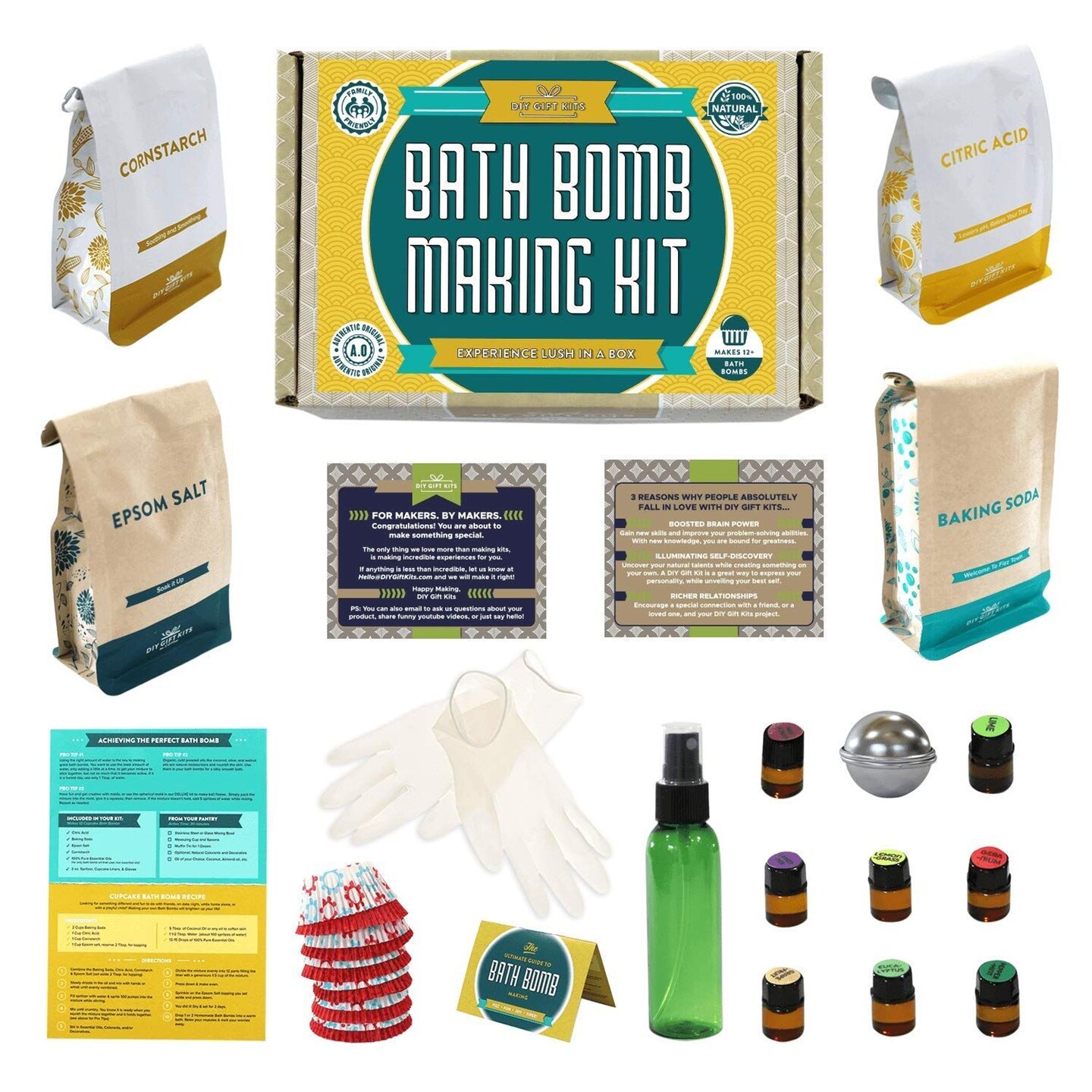 DIY Gift Kits Bath Bomb Making Kit for Kids, Make 12 All Natural Bath Bombs at Home, Made in the USA, 100% Pure, 7 Essential Oils, Epsom Salts, Cupcake Mold Liners, Recipes, Gift Box Included