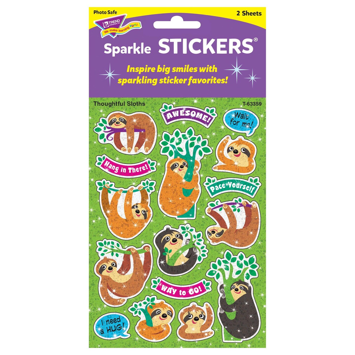 Thoughtful Sloths Sparkle Stickers&#xAE;, 32 Per Pack, 6 Packs
