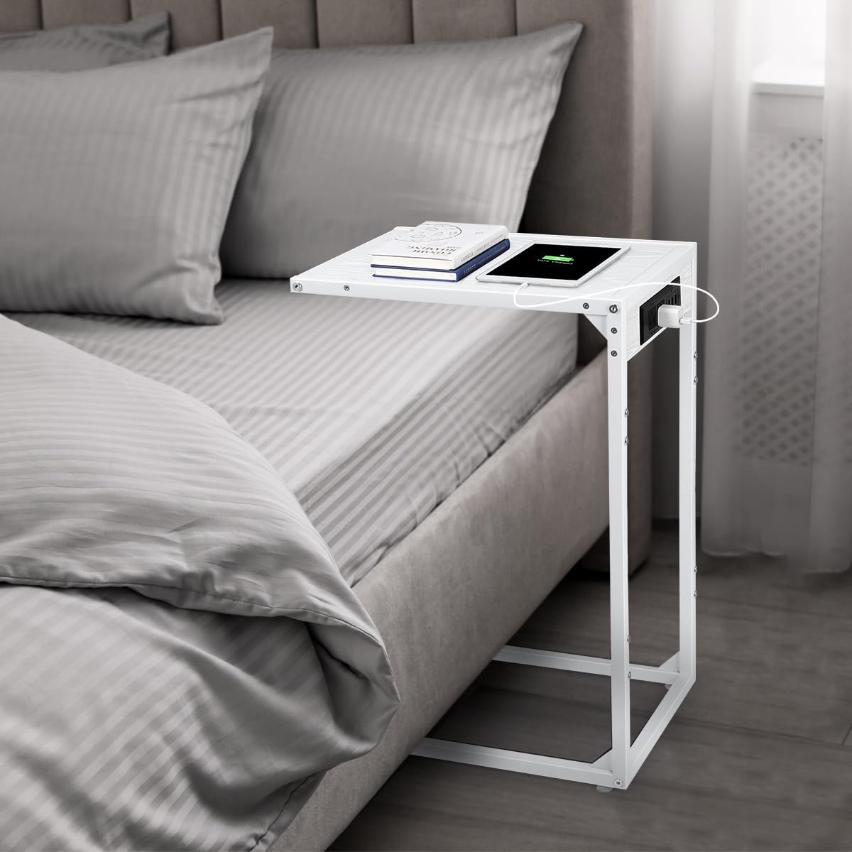 2pcs White C Shaped End Table with Charging Station
