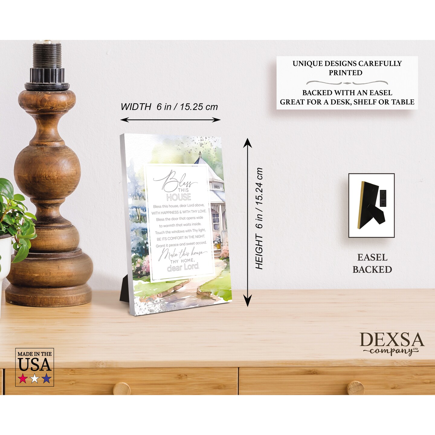 Bless This House Wood Plaque with Easel and Hook Wall Tabletop Art - 6 inches x 9 inches