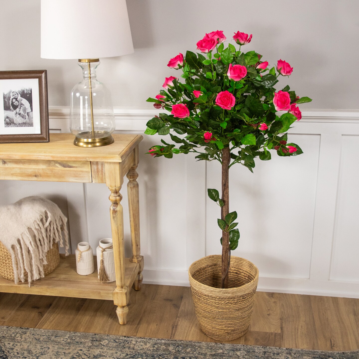 Northlight 47&#x22; Potted Green and Pink Artificial Rose Tree