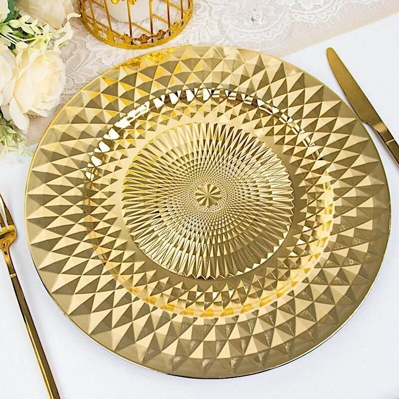GOLD 6 Metallic 13&#x22; Round Plastic CHARGER PLATES Diamond Pattern