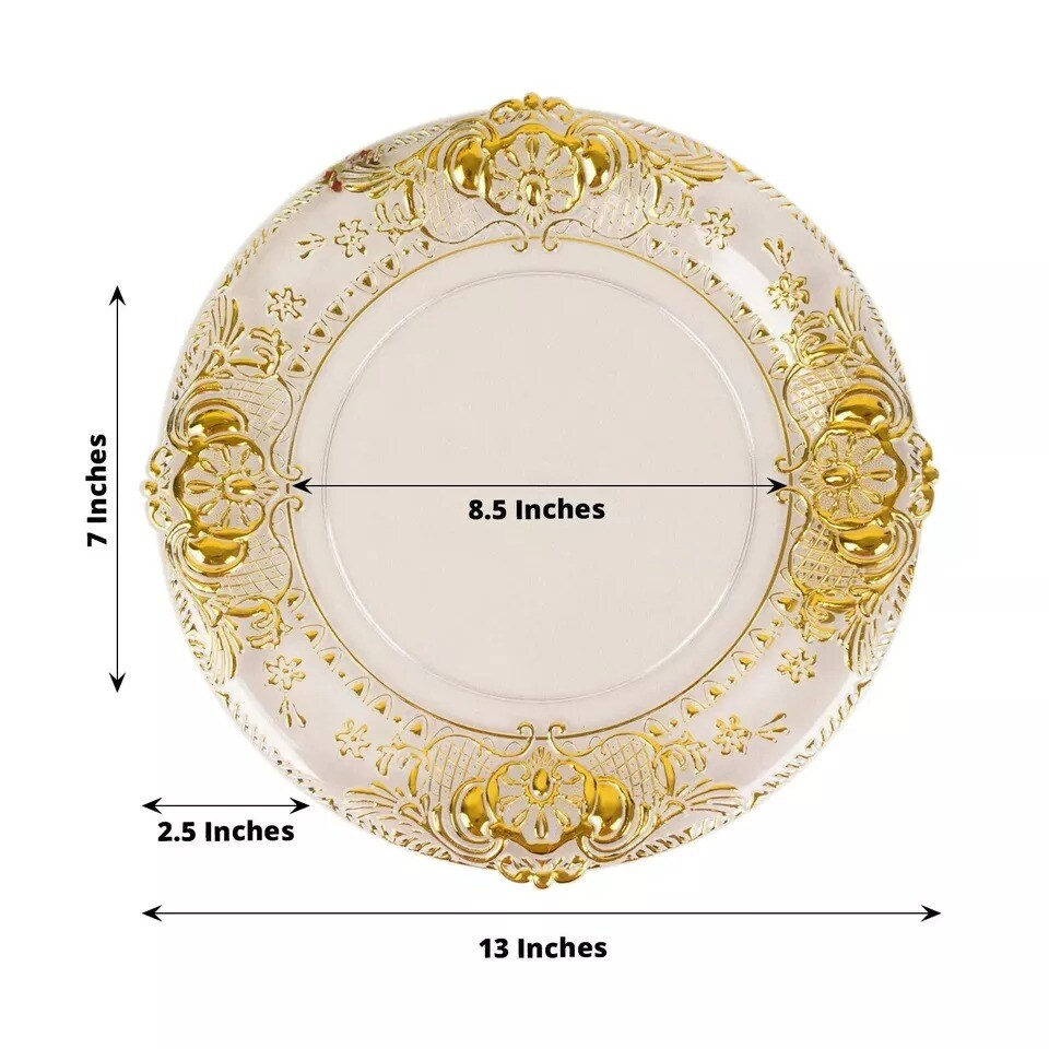 CLEAR 6 Round 13&#x22; Plastic CHARGER PLATES GOLD Embossed Rim