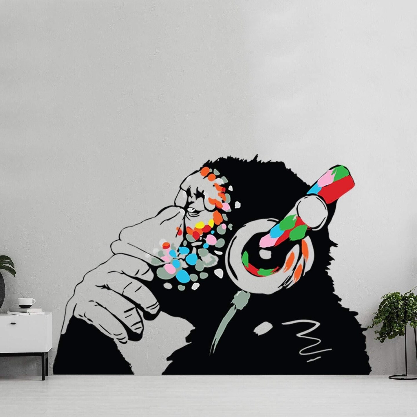 Banksy Thinking Monkey Sticker   Art Vinyl Street Dj Baksy Wall Decal   Headphones Chimp Music Thinker Graffiti Mural   Boy Smart Decals
