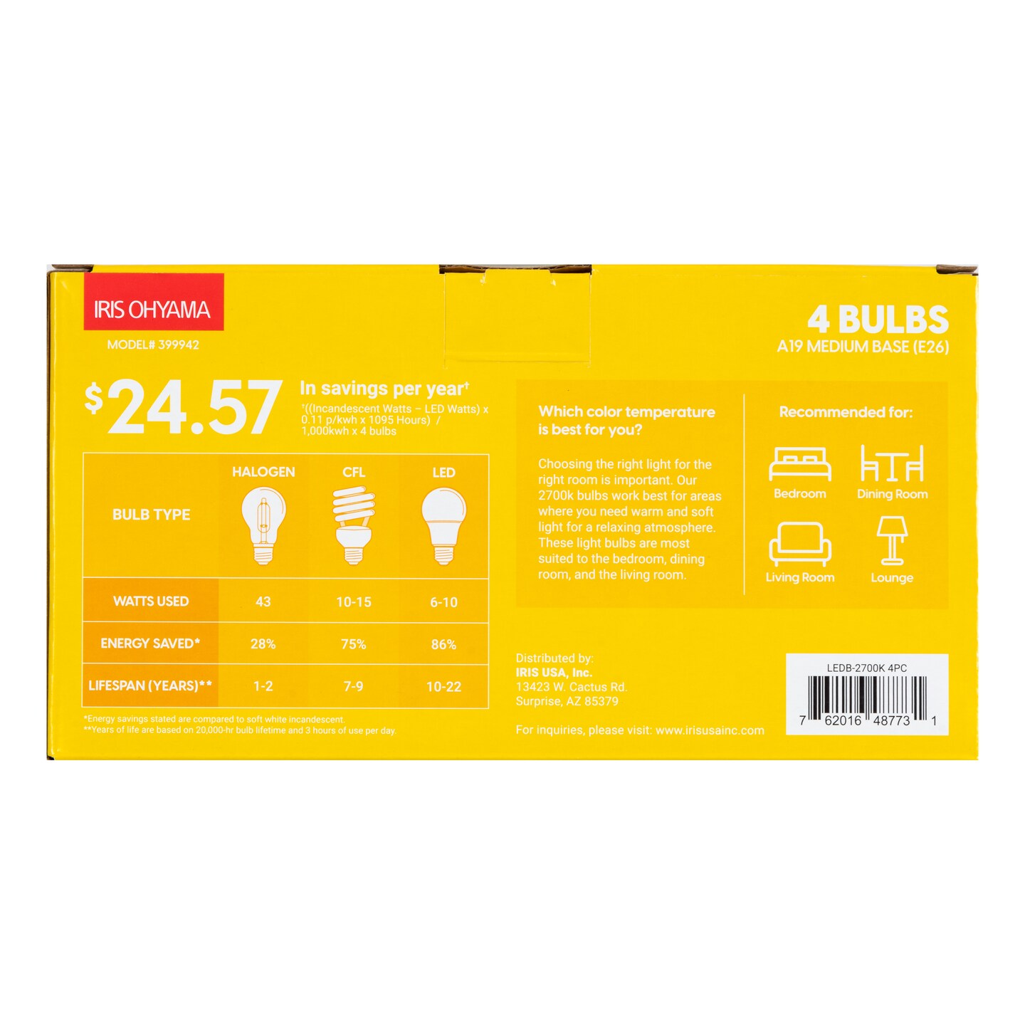 IRIS USA Non-Dimmable A19 LED Light Bulb, Soft White