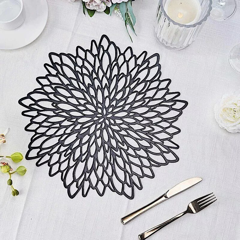 6 BLACK 15&#x22; wide Dahlia Flower Round Vinyl Placemats