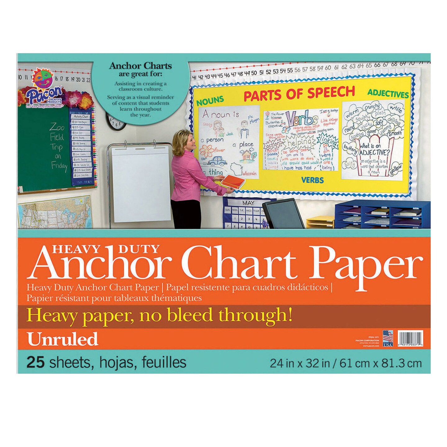 Heavy Duty Anchor Chart Paper, Non-Adhesive, White, Unruled 24&#x22; x 32&#x22;, 25 Sheets