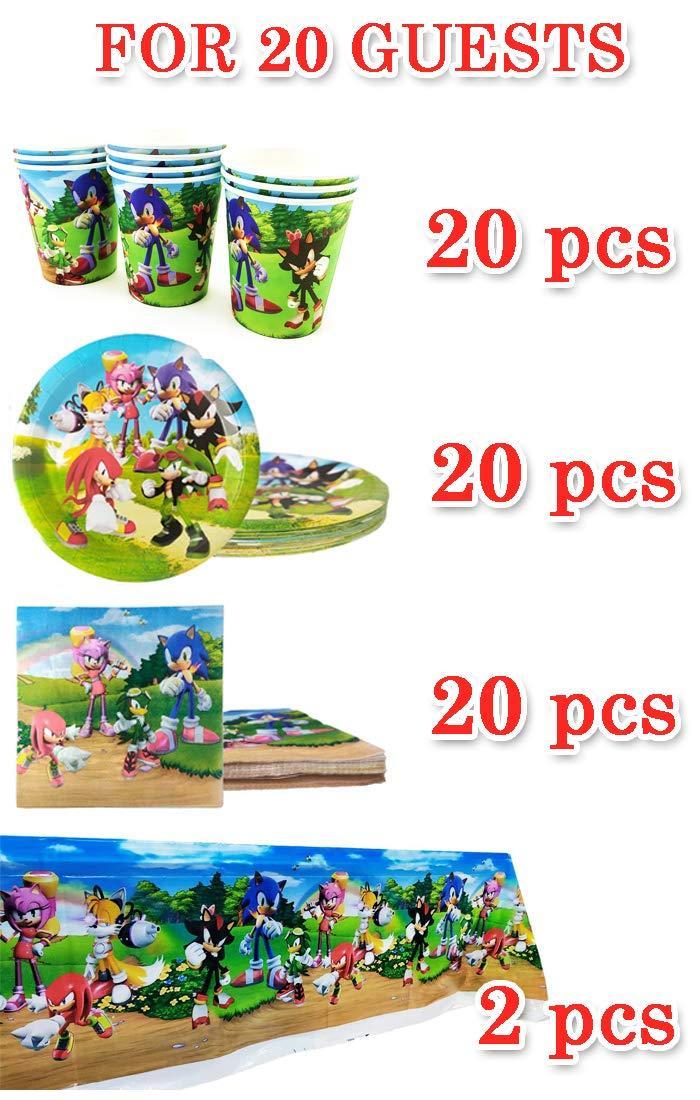 Sonic Party Supplies 94 pcs 20 Plates   20 Napkins   2 Tablecloth   20 cups   20 Forks   5 Balloons   1 Big Topper   24 Toppers  Birthday Party Supplies Children Party Favor Pack Set for Kids Boy and Girl