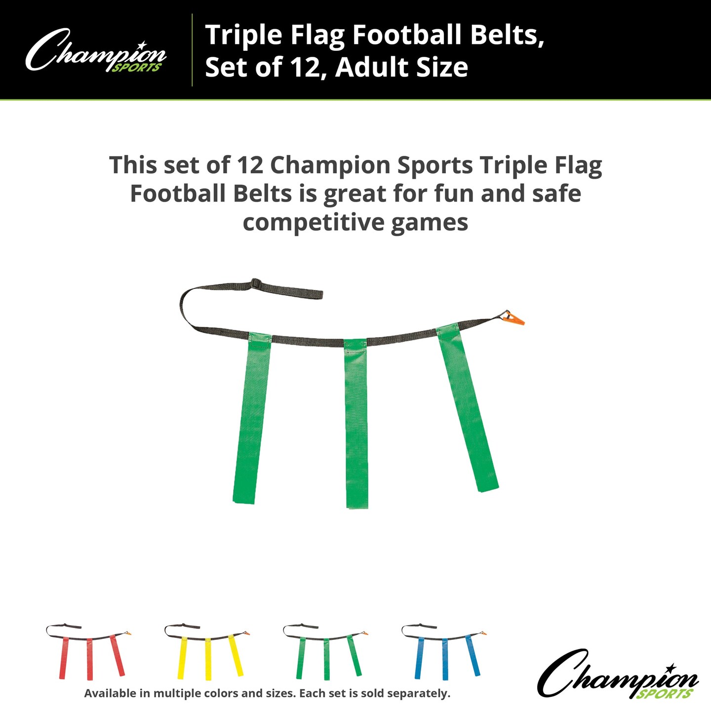 Triple Flag Football Set, Adult Size, Green, 32&#x22;-39&#x22;, 12 per pack