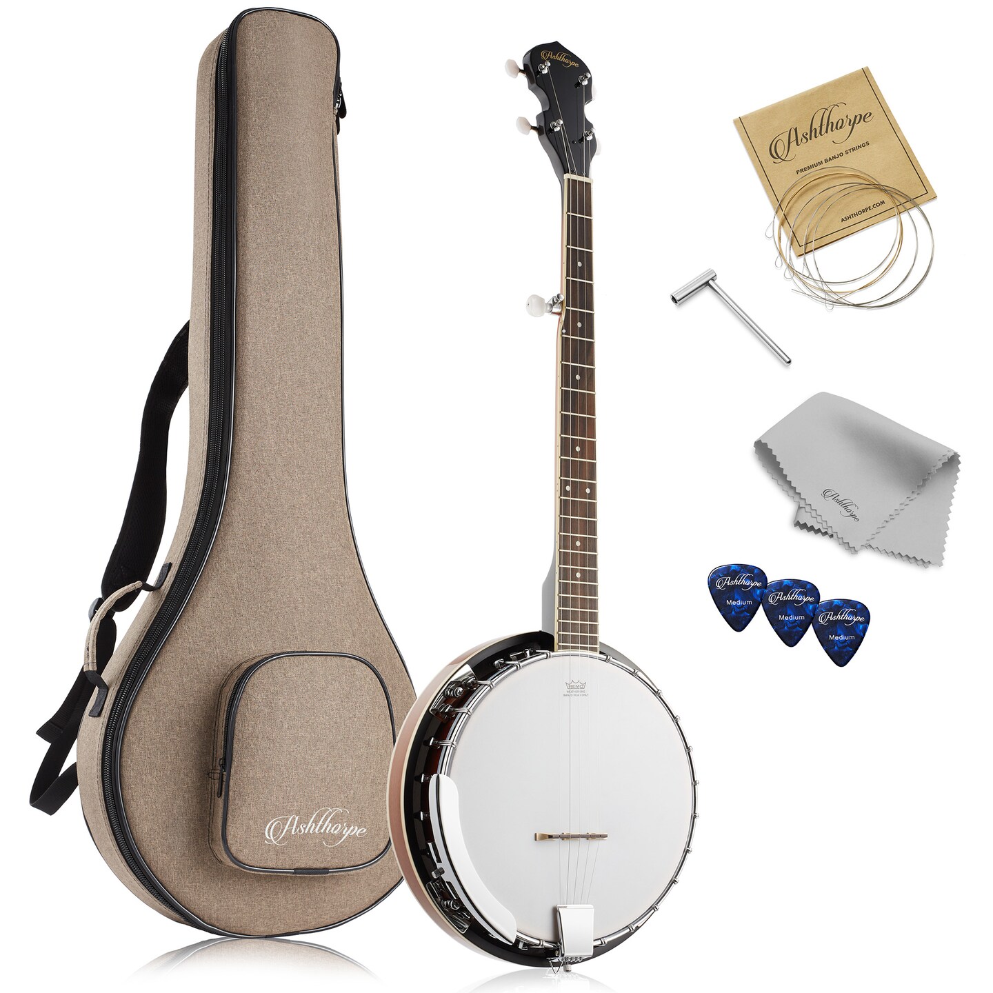 Ashthorpe 5-String Banjo - Full Size with 24 Brackets, Closed Back, Mahogany Resonator, and Geared 5th Tuner