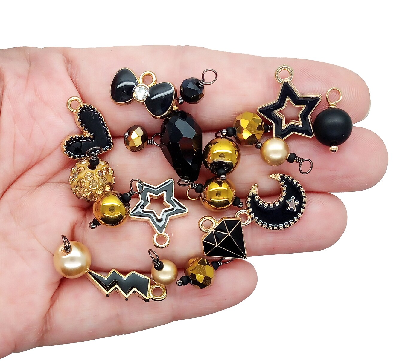 Black & Gold Charm Mix, 20 pc Assortment of Bead Dangles & Enamel Charms, Adorabilities
