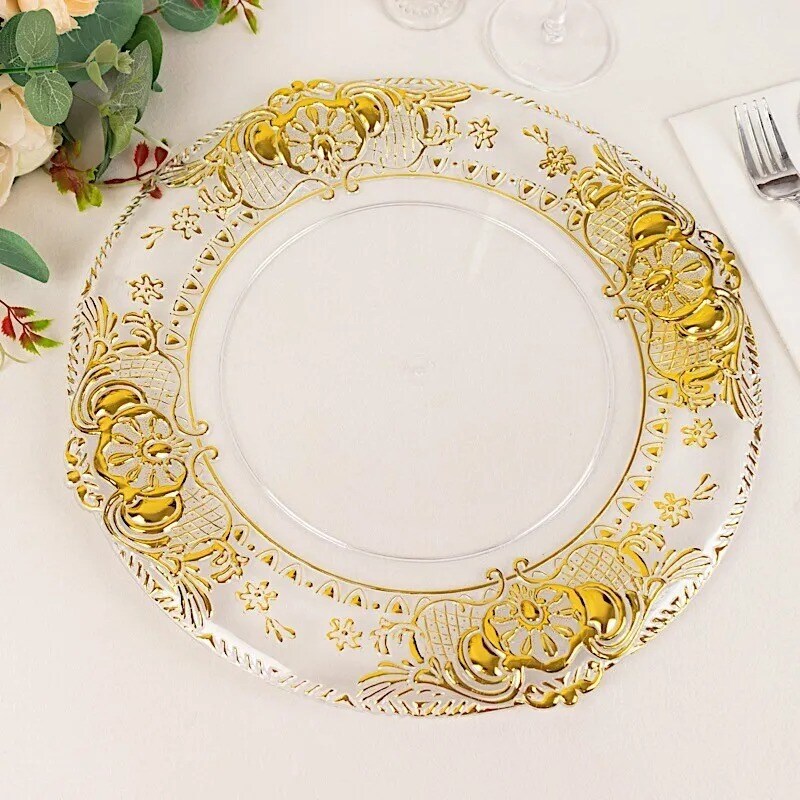 CLEAR 6 Round 13&#x22; Plastic CHARGER PLATES GOLD Embossed Rim