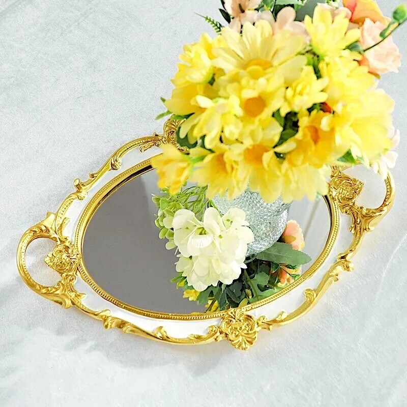 14&#x22;x10&#x22; WHITE GOLD Metallic Oval Mirror SERVING TRAY Handles