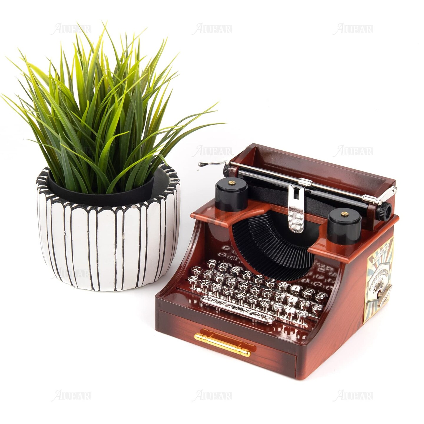 Vintage Typewriter Music Box with Drawer Clockwork for Home Office Decoration