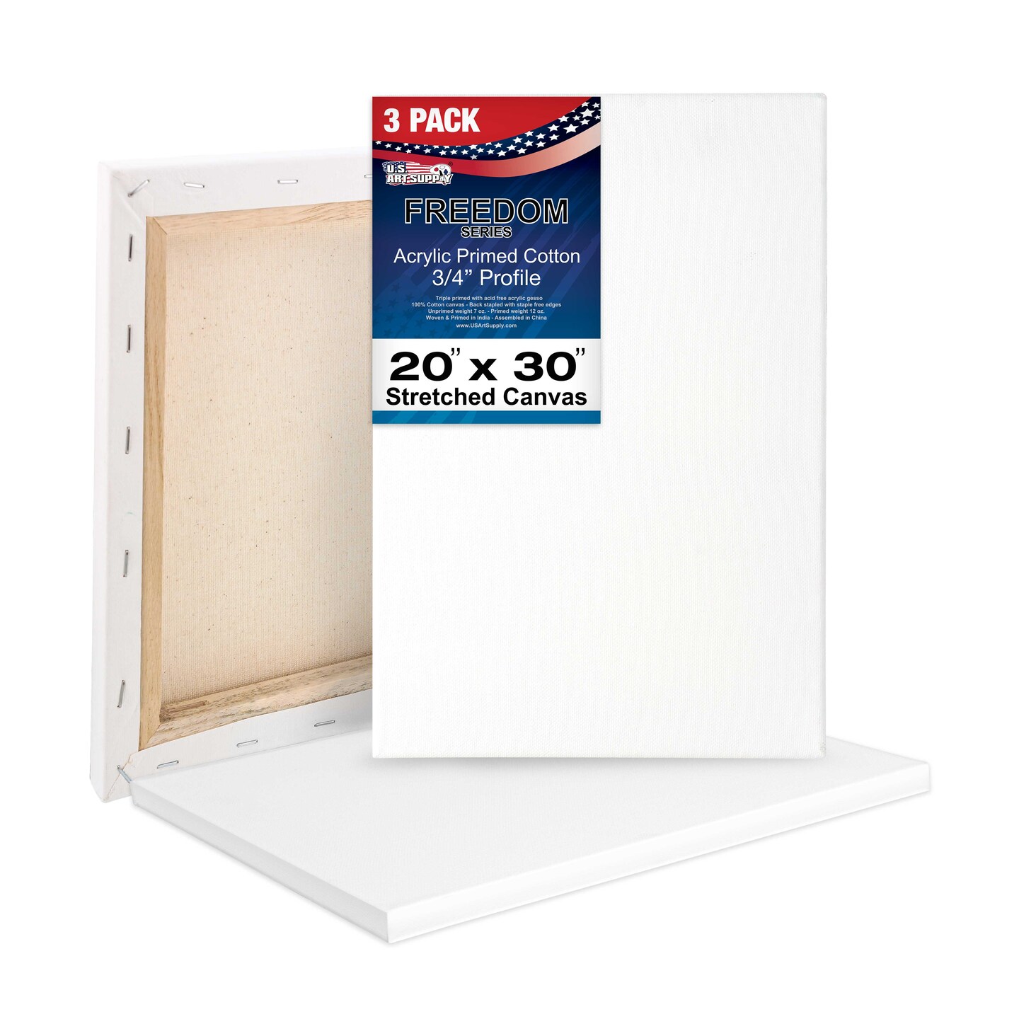 20 x 30 inch Stretched Canvas 12-Ounce Triple Primed, 3-Pack - Professional Artist Quality White Blank 3/4&#x22; Profile, 100% Cotton, Heavy-Weight Gesso
