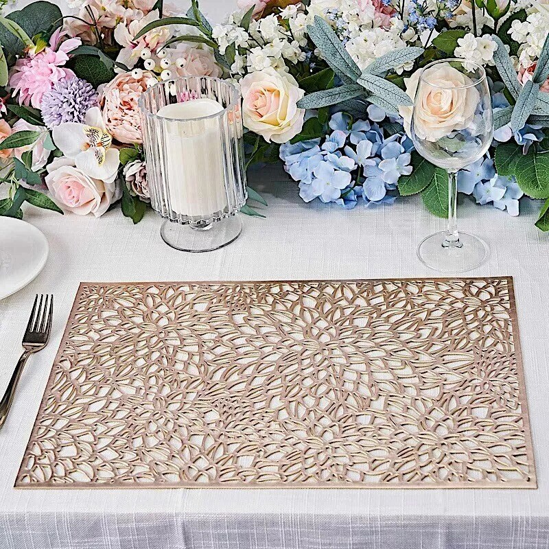 6 GOLD 18&#x22; Floral Design Rectangle Vinyl Placemats