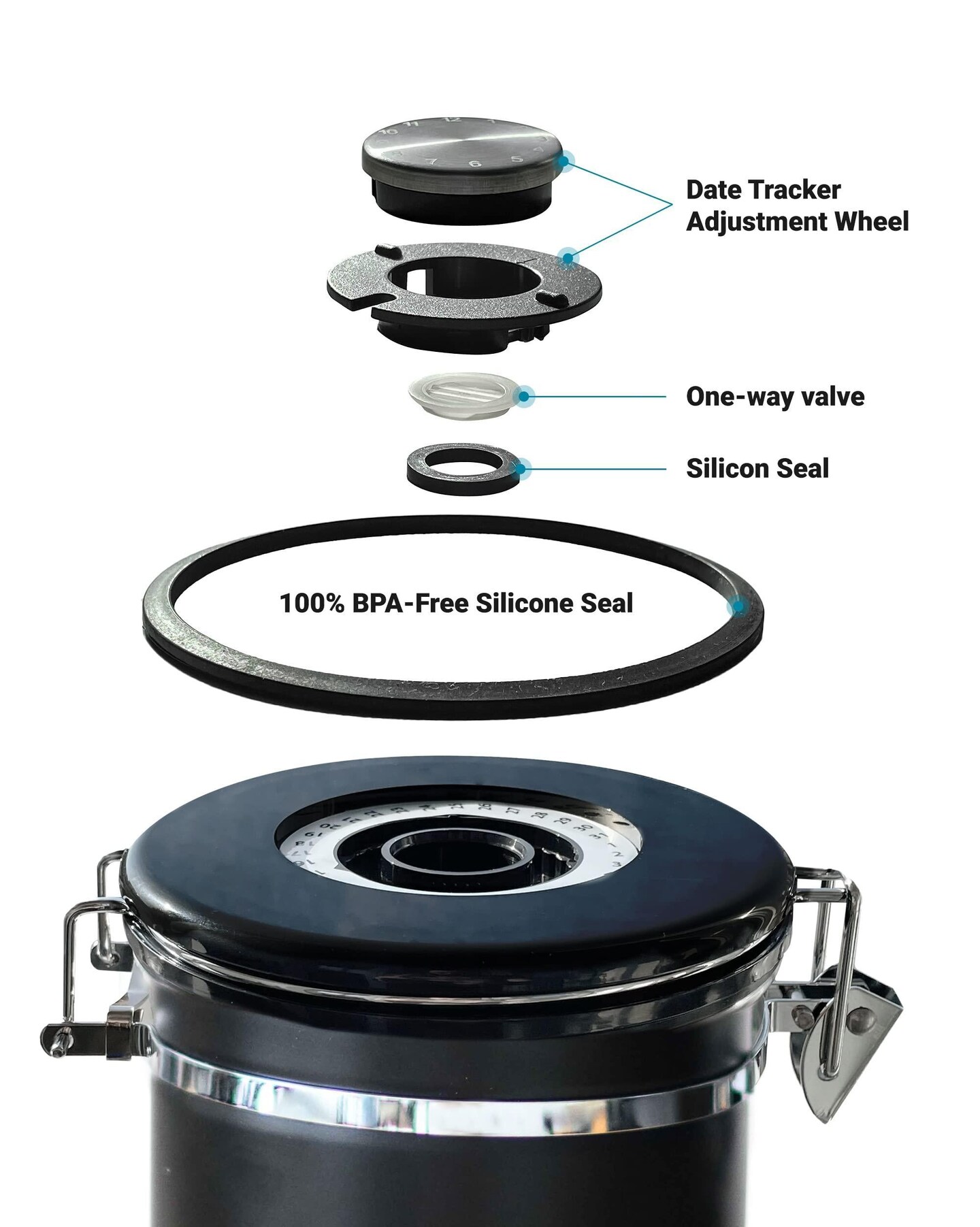Stainless Steel Coffee Canister   Airtight Kitchen Food Storage Container with Date Tracker CO2 Release Valve and Measuring Scoop For Ground Coffee Beans Tea Sugar Large (Black)