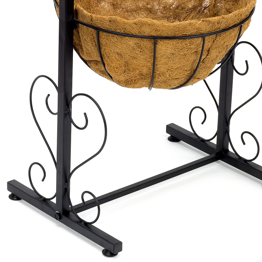 Sorbus Welcome Planter Basket Stand with Coco Liner, Stylish Flower, Plant, and Outdoor decor for Home, Garden, Patio, Deck, Black Metal