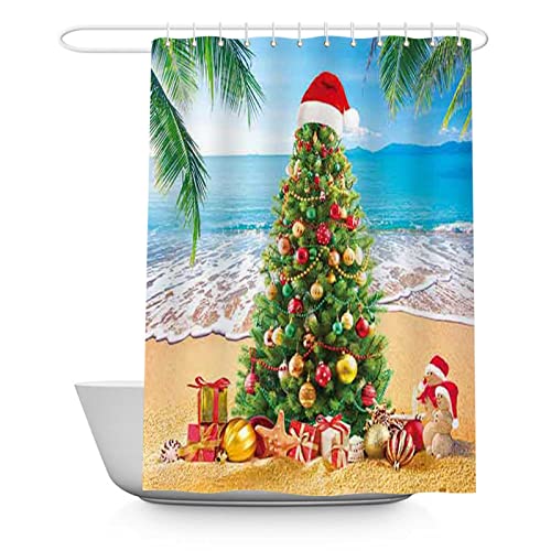 Summer Christmas Tree Shower Curtain Tropical Beach Xmas in July New Year Home Bathtubs Bathroom Curtain Decoration Set 12 Hooks Washable Durable Polyester Fabric 72&#x22; x 72&#x22;