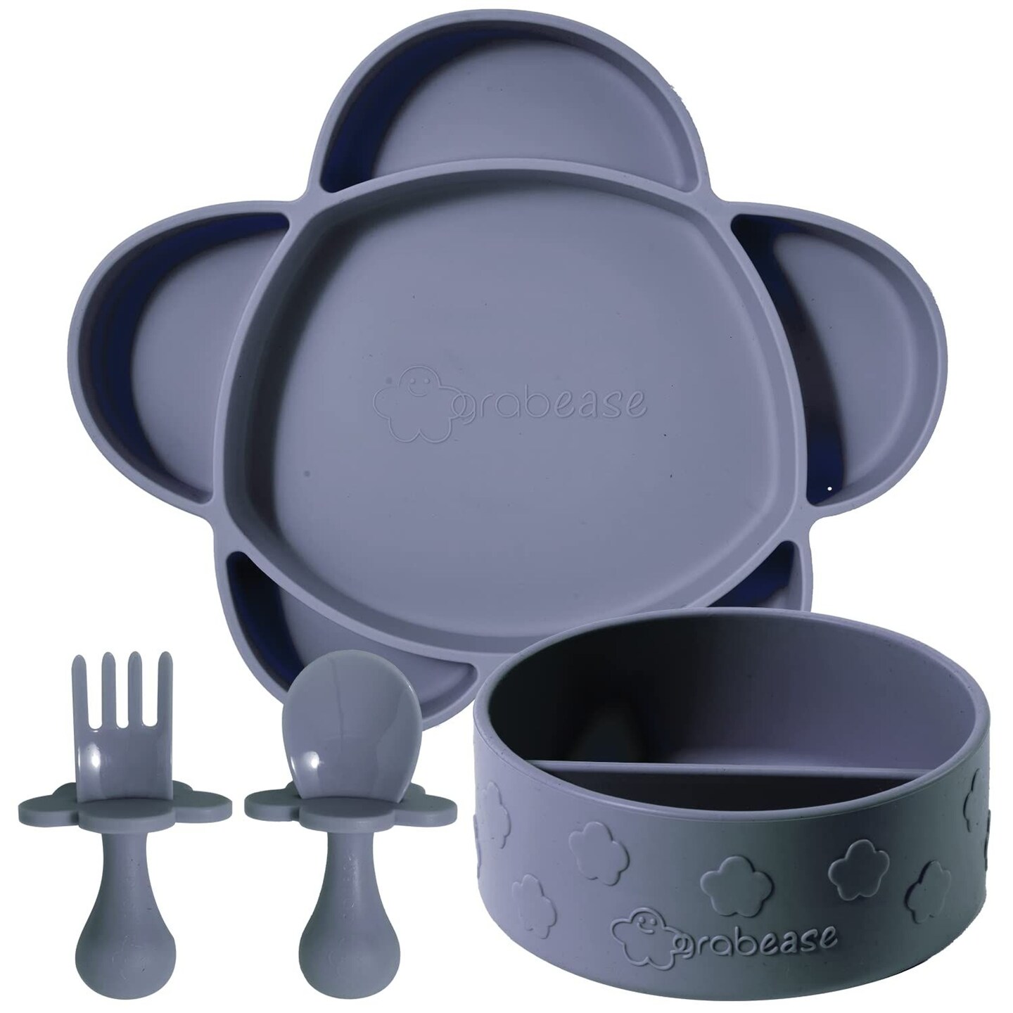 Grabease Baby Feeding Set - Silicone Plates, Bowls, and Suction Plates for Baby-Led Weaning and Portion Control - Suction Bottoms 4 Piece Set, BPA and Phthalates-Free, Gray