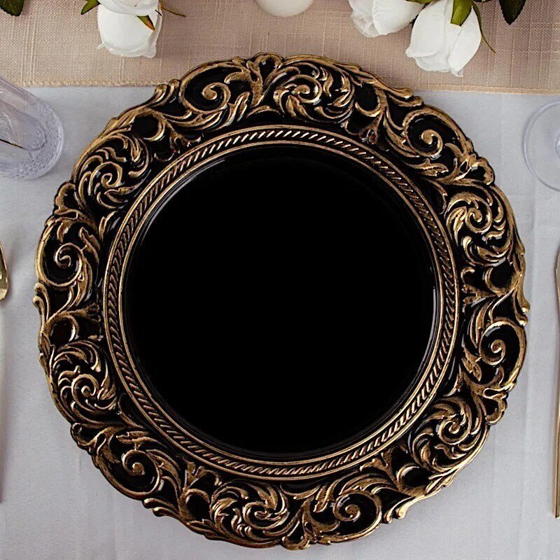 6 Black Gold 14&#x22; Round Baroque Metallic Charger Plates