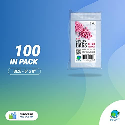 100 Pack Clear Poly Bags 5x8. Self Lock Plastic Bags 5 x 8. Thickness 2 mil. Self Sealing Zip Lock. Reclosable & Resealable Zipper & Reusable. FDA Grade Food Storage. Self Lock.
