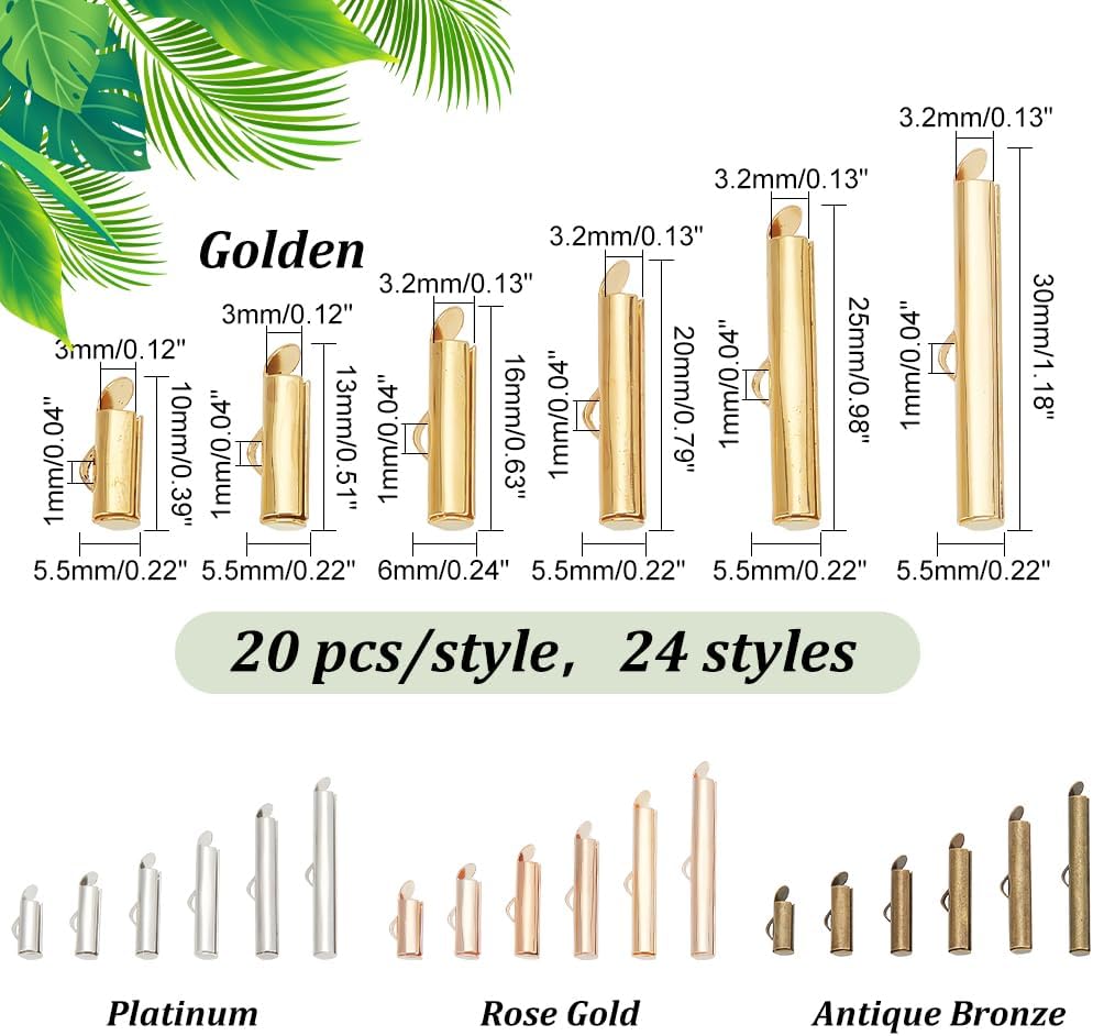 480pcs Slider End Clasps 4 Colors Beading Tubes Slider End Caps Slide Tube End Bar for Seed Beads Looms Multi-Strand Necklace Bracelet Jewelry Making (10/13 / 16/20 / 25 / 30mm)