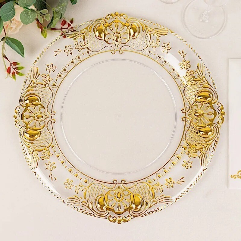 CLEAR 6 Round 13&#x22; Plastic CHARGER PLATES GOLD Embossed Rim
