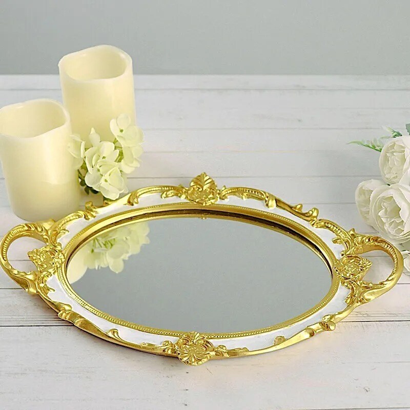 14&#x22;x10&#x22; WHITE GOLD Metallic Oval Mirror SERVING TRAY Handles