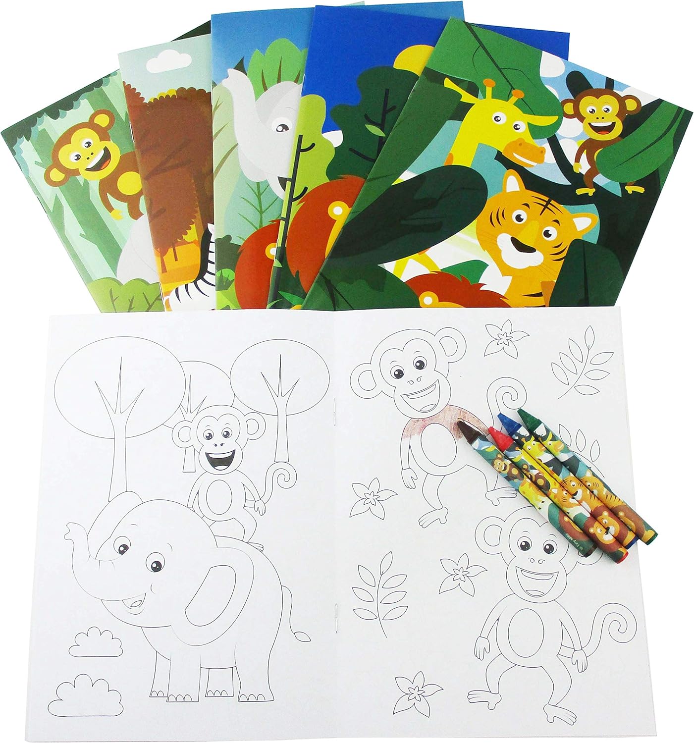 TINYMILLS Safari Zoo Animals Coloring Book for Kids with 12 Coloring Books and 48 Crayons Jungle Book Birthday Party Favors