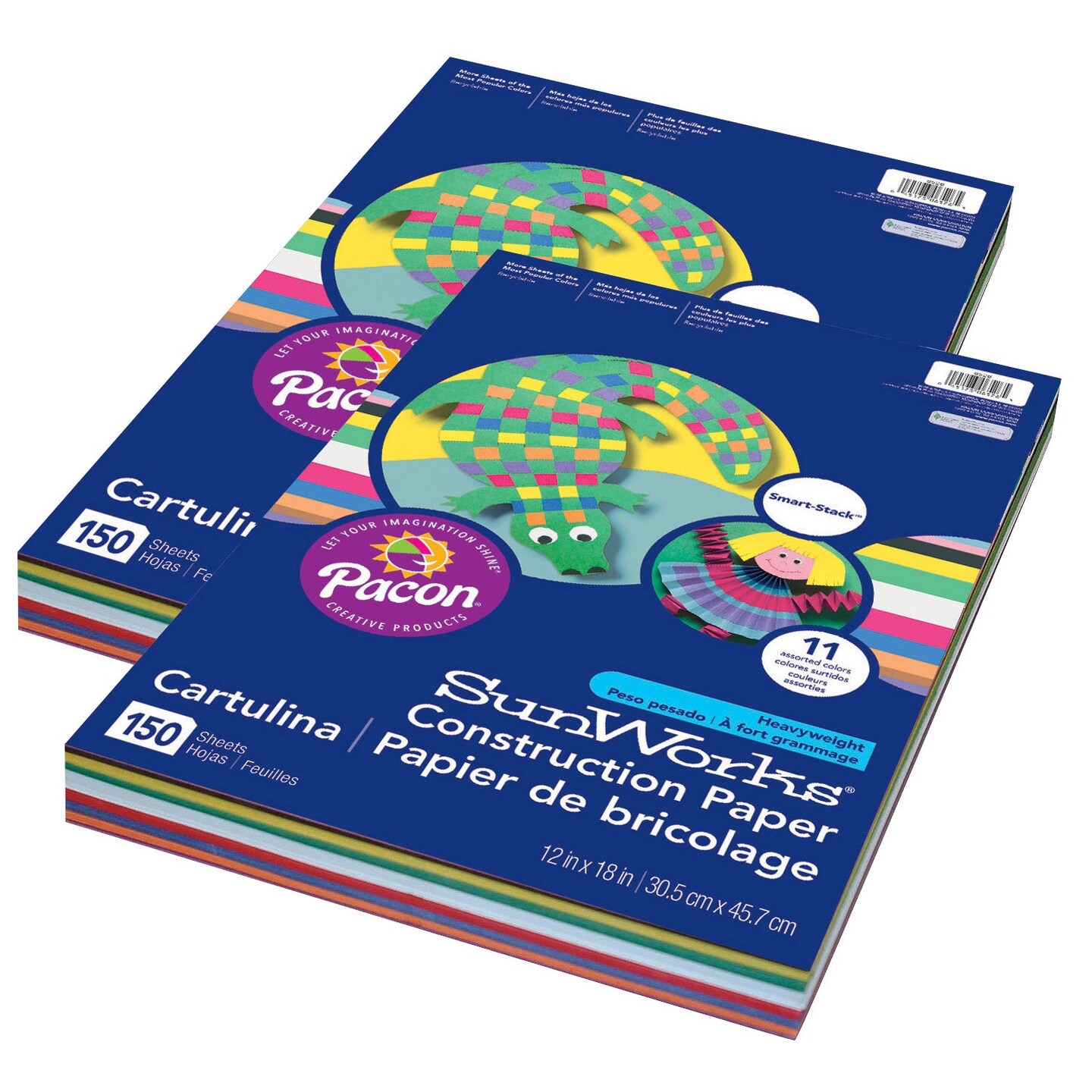 Construction Paper, 11 Assorted Colors, 12&#x22; x 18&#x22;, 150 Sheets Per Pack, 2 Packs