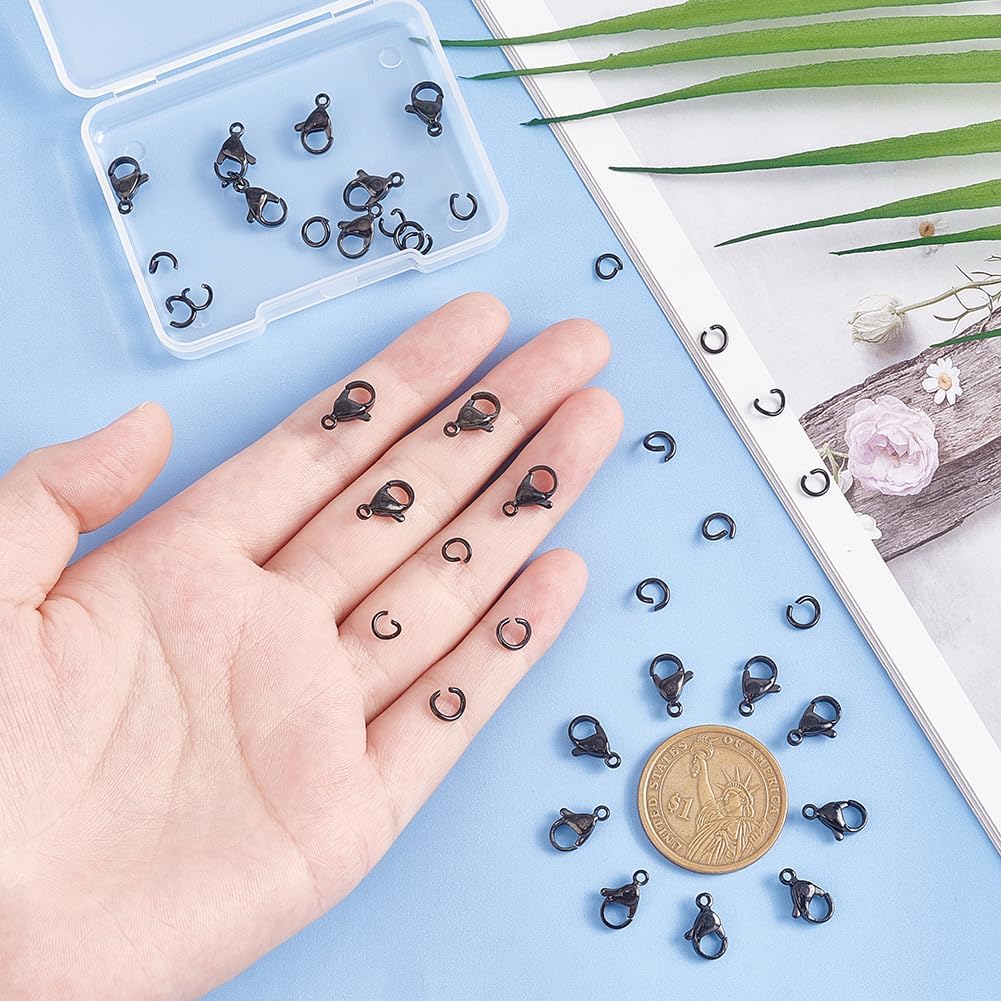 40pcs Black Lobster Claw Clasps with Jump Ring Stainless Steel Necklace Fasteners Hook Set End Chain Clasp Kits Metal Jewelry Clasps for DIY Bracelet Necklace Jewelry Making