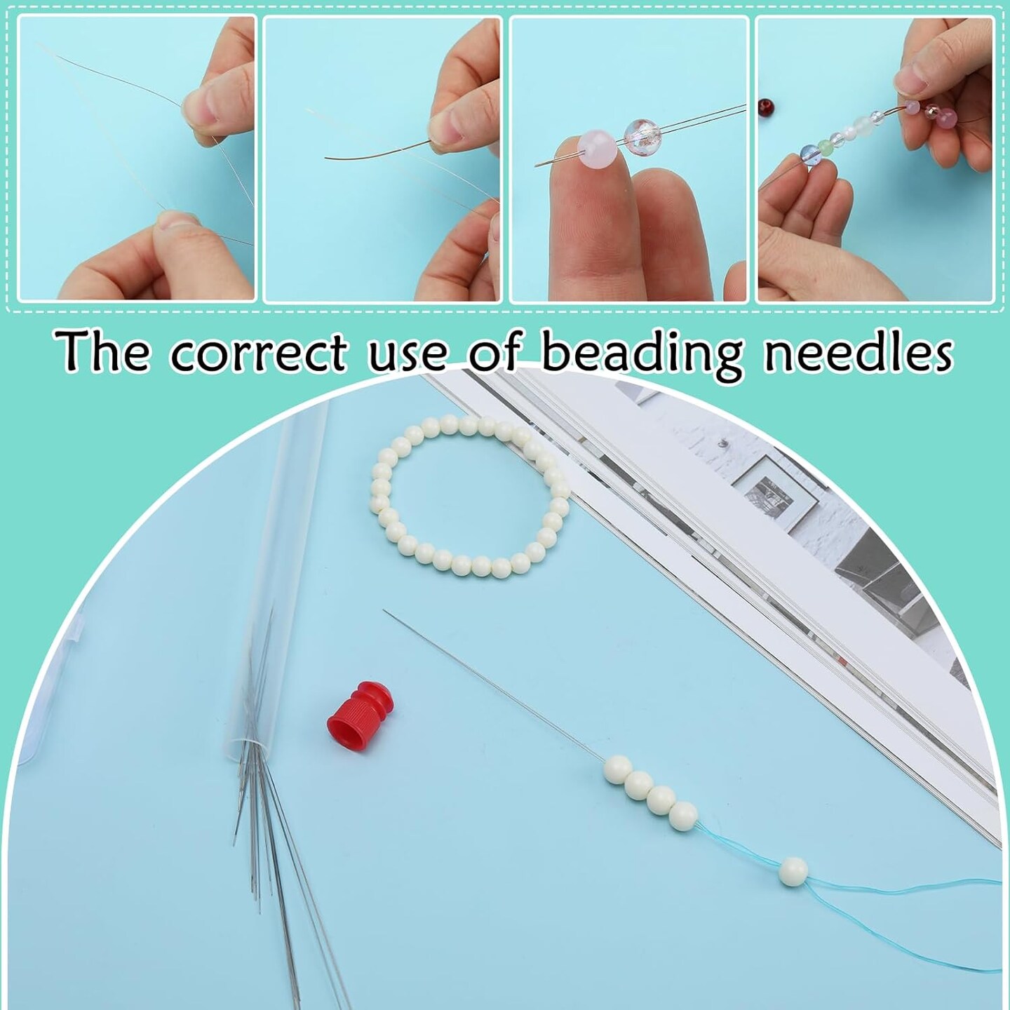 16 Pcs Big Eye Beading Needles 4 Sizes Beading Needles, Seed Beads Needles Open Beading Embroidery Needles with Threader for Jewelry Making
