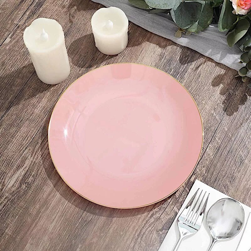 DUSTY ROSE 10 Glossy 8&#x22; Round Plastic Salad PLATES Gold Rim