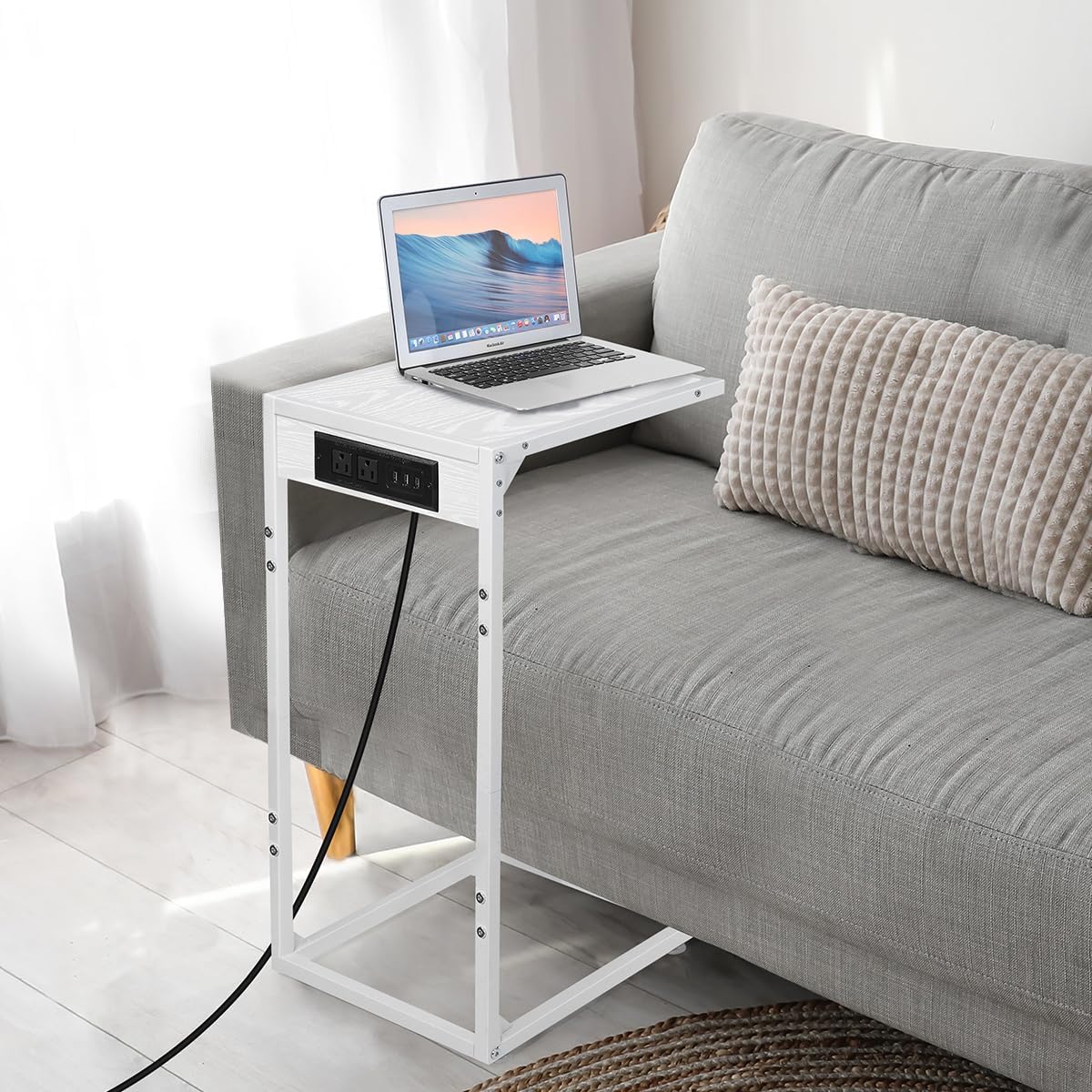 2pcs White C Shaped End Table with Charging Station