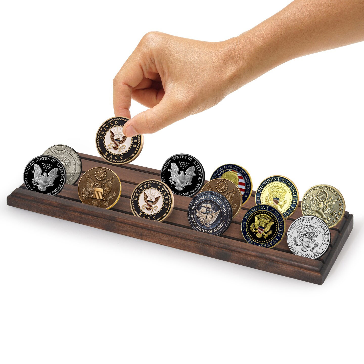 Americanflat 12x4 Challenge Coin Display - Four Rows for Displaying Military Challenge Coins - Showcase up to 30 Coins at Once - Collectible Coin Holder - Pinewood Finish - Black