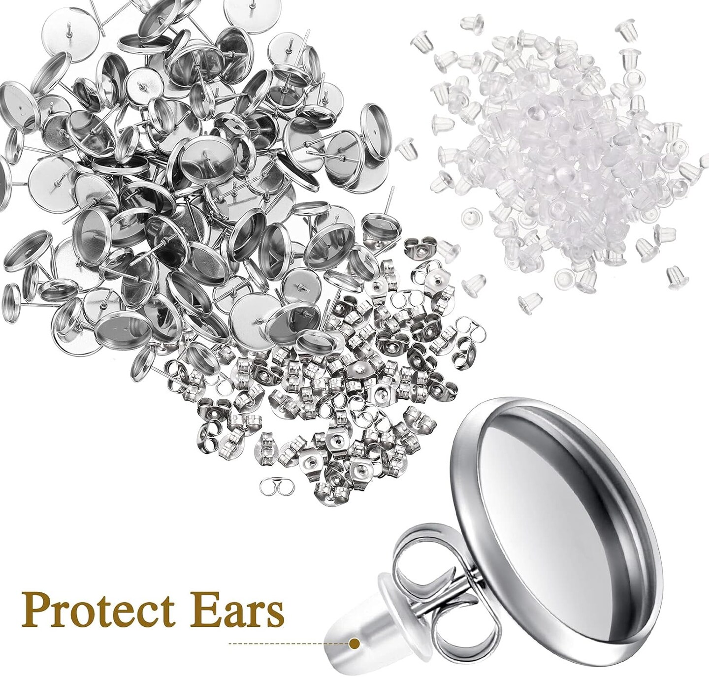 500 Pcs Earring Studs for Jewelry Making Blank Stud Earring with Post Kit 12 mm 10 mm 8 mm Cabochon Earring Bezels for Jewelry Making