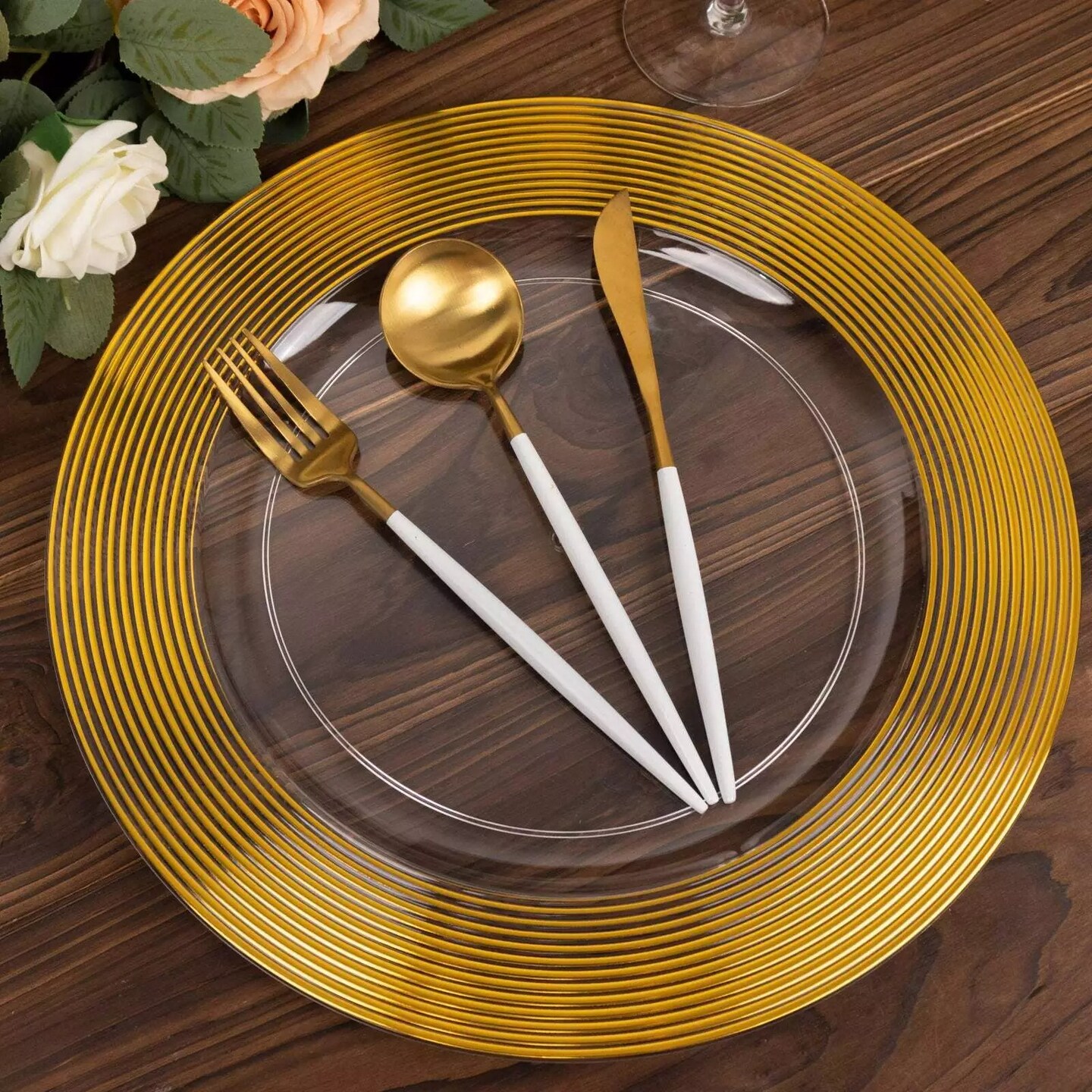CLEAR GOLD 6 Round 13&#x22; Plastic CHARGER PLATES Lined Rim