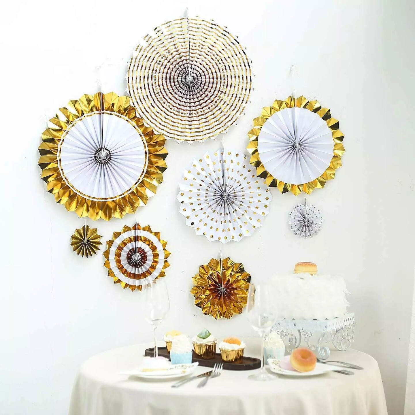 8 WHITE and GOLD Assorted Paper Fans Wall Backdrop