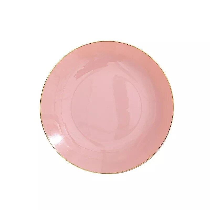 DUSTY ROSE 10 Glossy 8&#x22; Round Plastic Salad PLATES Gold Rim
