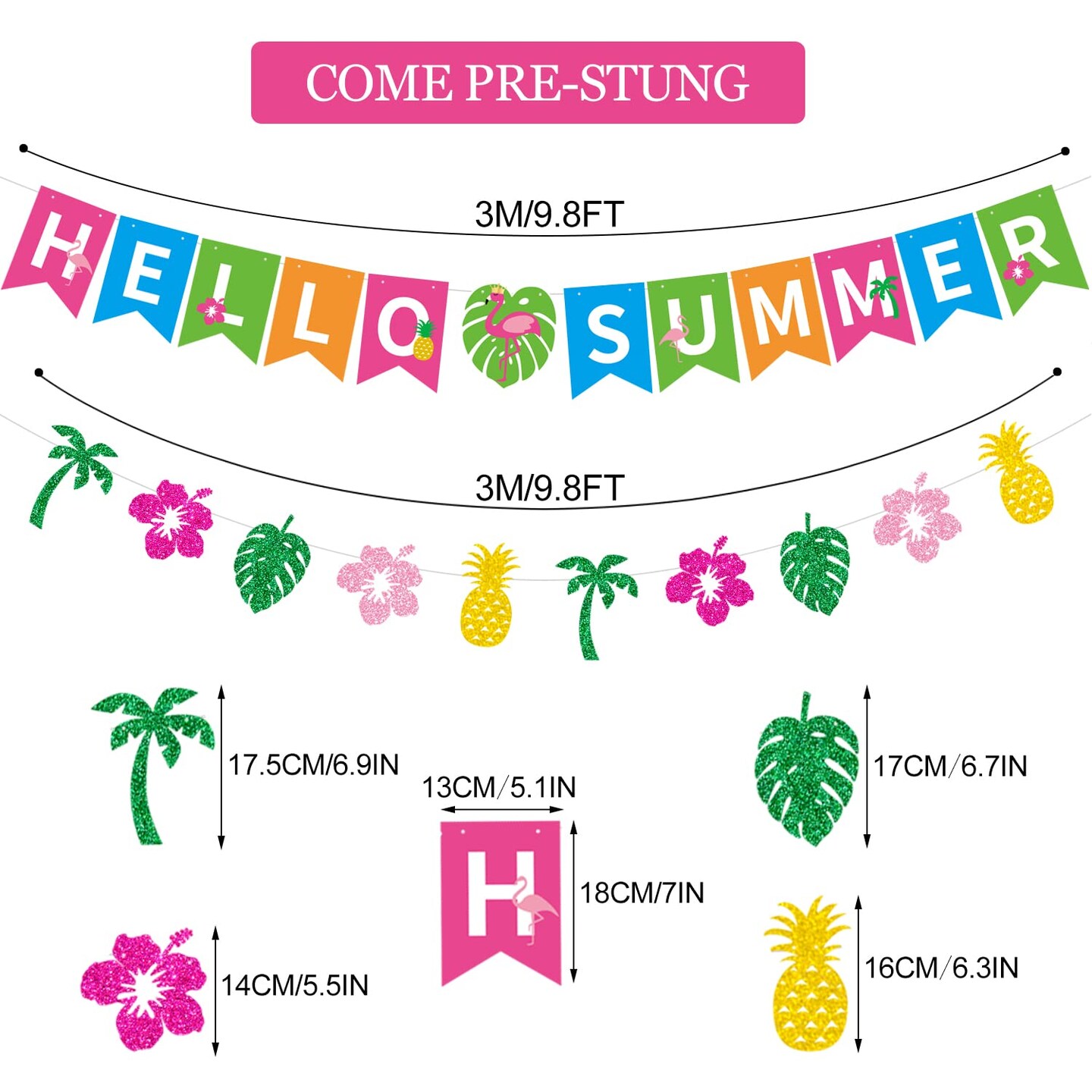Hello Summer Banner and Glittery Hawaiian Luau Tropical Themed Banner Colorful Summer Bunting Banner Garland Summer Holiday Birthday Party Decorations for Indoor Outdoor Wall Mantle Fireplace