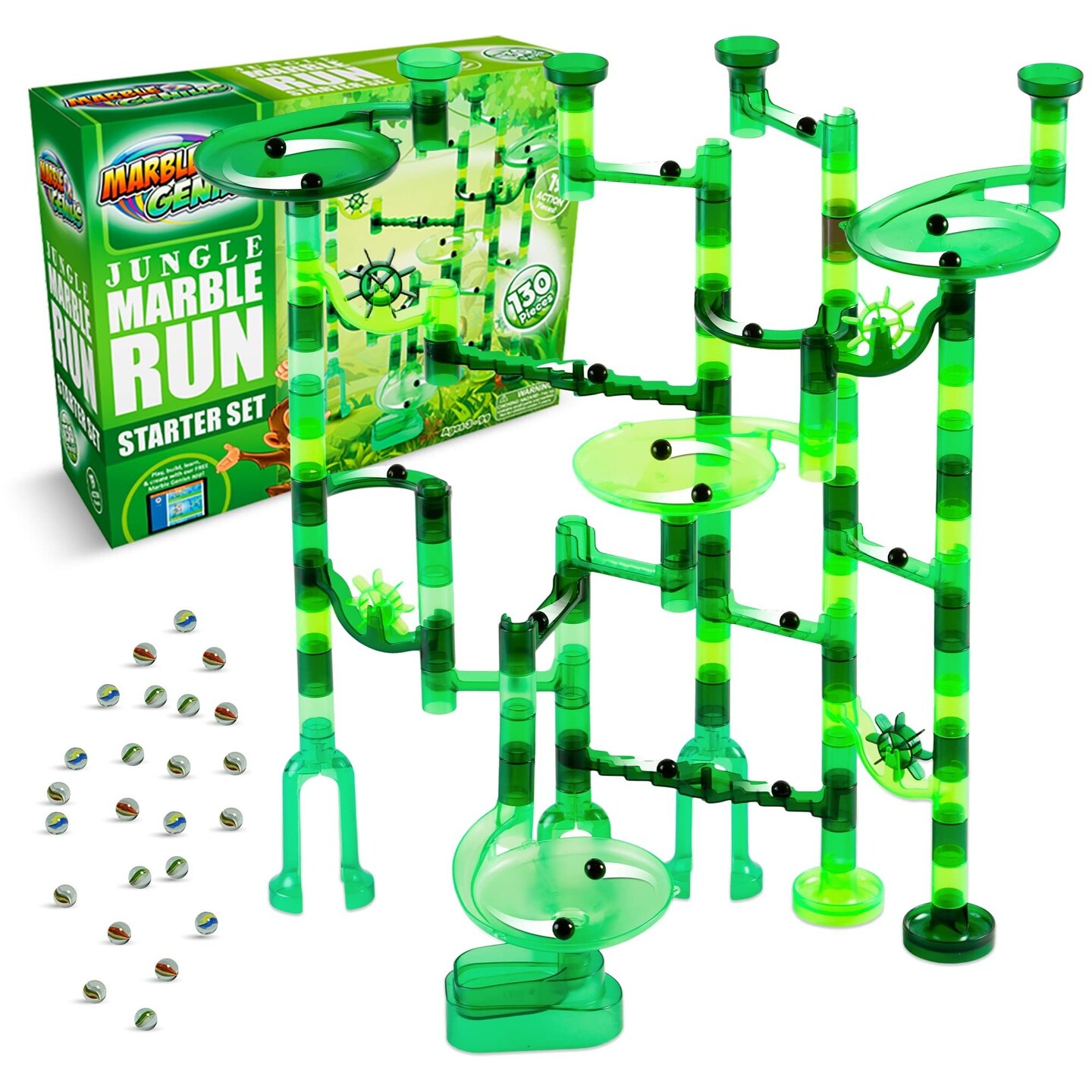 Marble Genius Marble Run Starter Set STEM Toy for Kids Ages 4 - 12 - 130 Complete Pieces (80 Translucent Marbulous Pieces and 50 Glass Marbles), Construction Building Block Toys, Theme (Jungle)