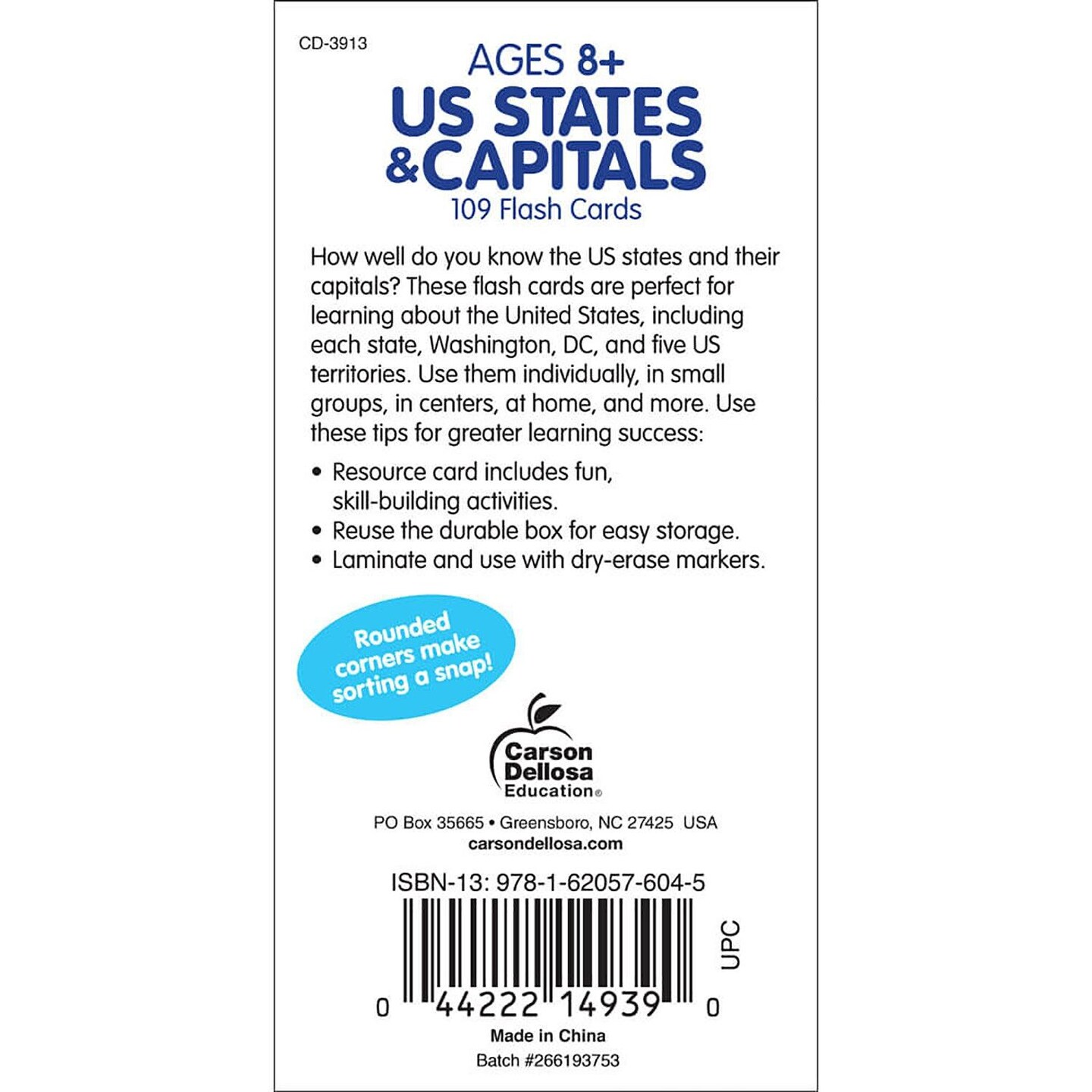 U.S. States &#x26; Capitals Flash Cards, Grade 3-5, Pack of 3
