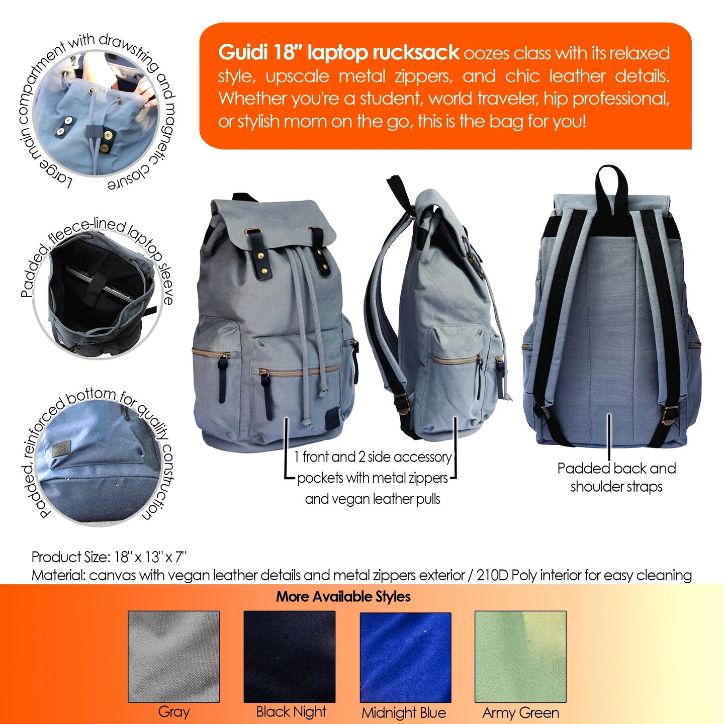 GUIDI Rucksack Backpack, 18&#x22;, Gray