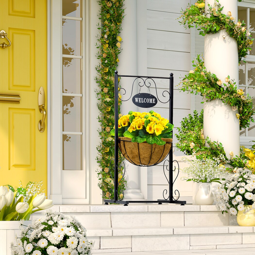 Sorbus Welcome Planter Basket Stand with Coco Liner, Stylish Flower, Plant, and Outdoor decor for Home, Garden, Patio, Deck, Black Metal