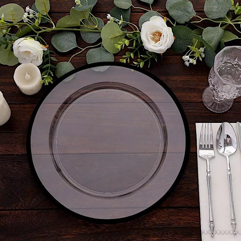 CLEAR BLACK 10 Round 12&#x22; Heavy Duty Plastic CHARGER PLATES